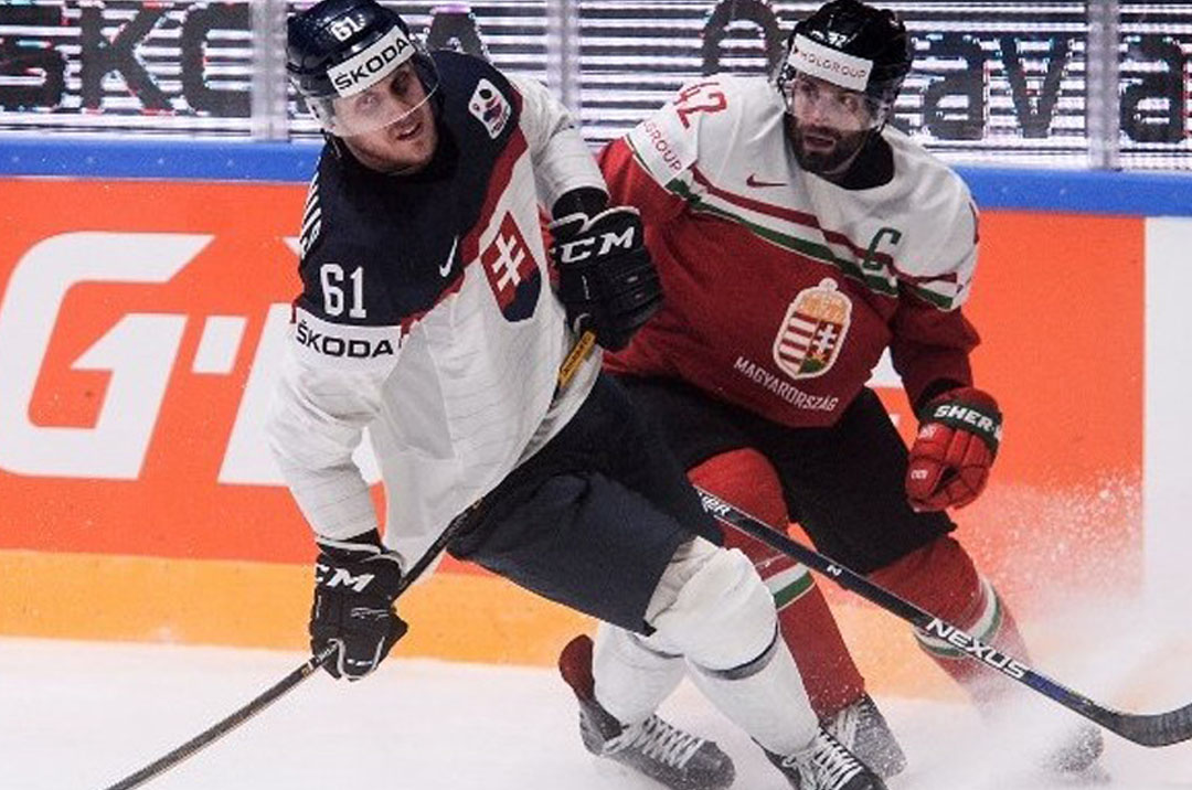 Marton Vas playing for Hungary in international ice hockey